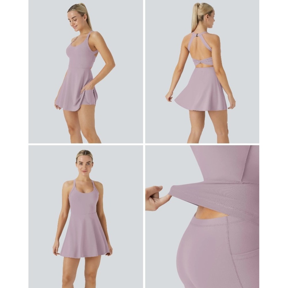 NWT Halara Active Dress M Pink Purple SoftlyZero Backless Twisted Easy Peezy